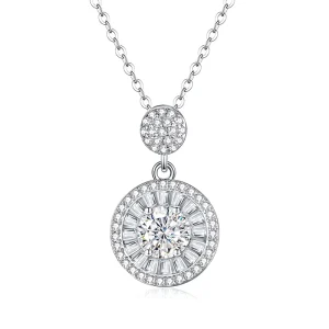1 Carat Moissanite Style Circle Shape Necklace Womens 925 Silver Micro Set Emerald Cut Rhodium Plated Pendant Cross Chain
