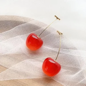 1 Pair Cute Trendy Red Cherry Gold Color Simulation Fruit Stud Drop Earrings Women Copper Alloy Fashion Jewelry Wedding Gift