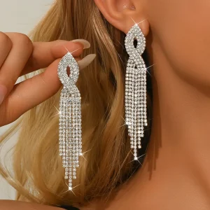 1 Pair Silver Rhinestone Cross Long Tassel Dangle Earrings Fashion Jewelry