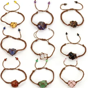 10 Colors Natural Crystal Stone Big Stone Charm Hand Woven Thread Amethyst Stone Geometry Shape Adjustable Bracelet