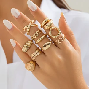 10 Pcs Women’s Ring Set Twist Geometry Hollow Cross Chain Ring Set Punk Alloy Gold Plated Finger Rings