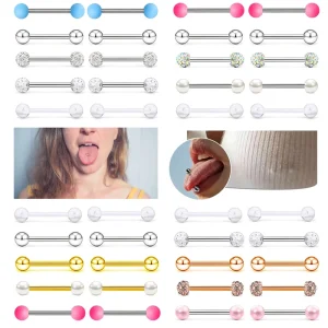 10-piece Set of Barbell Round Ball Tongue Rings Nipple Rings Full diamond Ball Stainless Steel Straight Tongue Studs