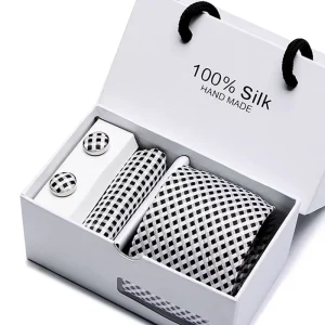 100% Silk Tie Pocket Squares Cufflink Set Necktie Box Men Black White Plaid