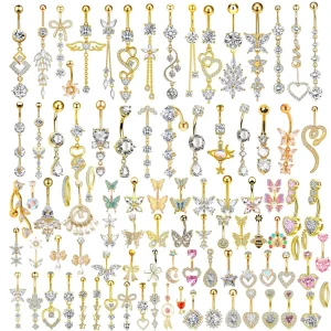 100 Type Stainless Steel Piercing Jewelry Pendant Heart Belly Ring Zircon Butterfly Party Belly Button Nail Beach Belly Jewelry