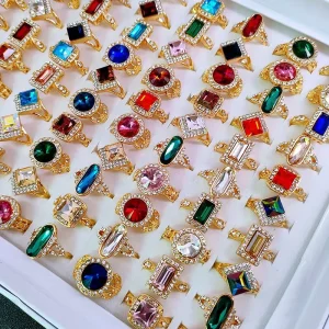 100PCS Birthstone Gold Statement Rings Imitation Diamond Fake Gemstone Crystal Ring Cubic Zirconia Costume Jewelry
