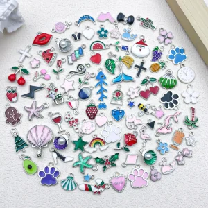 100Pcs Assorted Enamel Charms Silver Plated Alloy Pendants Mixed Set DIY Jewelry Making Supplies for Keychain Bag Charms