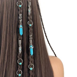 10Pcs Bohemian Turquoise Hair Cuff Set Feather Crystal Point Alloy Braid Rings Women Retro Hair Accessories