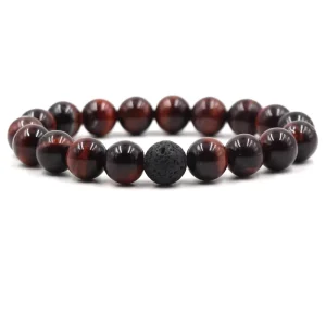 10mm Black Lava Stone and Red Tiger Eye Bead Bracelets Fashion Couple Set for Men Women for Wedding or Party With Zircon Stone
