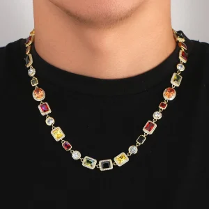 10mm Colorful Gem Chain Men Women Vintage ZIRCON 18K Gold Plated Hip Hop Choker Jewelry Multi Color Gemstone Bracelet Necklace