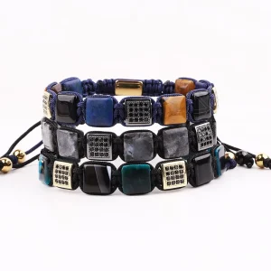 10mm Square Beaded Tiger Eye Agate Natural Stone Braided CZ Charm Men’s Bracelet Stone with Custom Logo