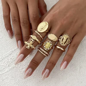 10pcs 18k Gold Hip Hop Diamond Crown Jesus Ring Set Vintage Fashion Exaggerated Cross Knuckle Jewelry for Women Gift