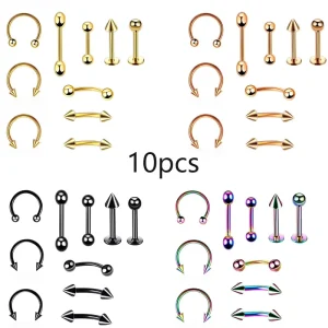 10pcs Stainless Steel Titanium Plated Body Piercing Kit Party Wedding Gift Includes Lip Nose Tongue Tragus Cartilage Belly