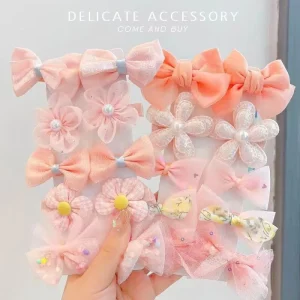 10pcs set Cute Flower Bow Plastic Fabric Hairpin Sweet Little Girl Bangs BB Hairpin Women’s Hair Free Headwear Set