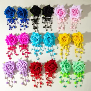 11 Colors Women’s Jewelry Colorful Rose Flower Drop Earrings Fashion Fabric Long Tassel Earrings
