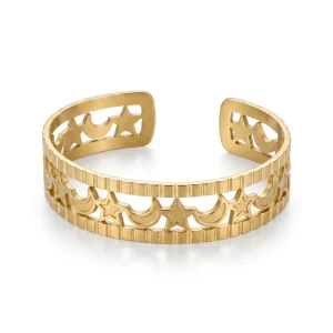11888 18K Gold Plated Stainless Steel Anti Tarnish Hollow Star Moon Open Cuff Bracelet Wide Edge Textured Bangle
