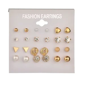 12-Pair Set of Small Rhinestone Stud Earrings for Multiple Piercings
