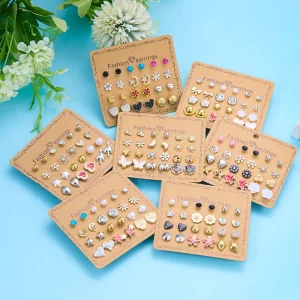 12-Pair Stud Earrings Set with Rhinestone Star, Moon, Flower, and Heart Designs