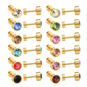 12 Pairs Box Stainless Steel Earring Piercing Hypoallergenic Gold Earrings Zircon Screw Back Round Stud Earrings