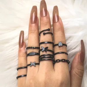 12 Pieces Black Ring Set Fine Jewelry Fashion Rings for Women