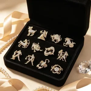 12 Zodiac Animal Alloy Brooch & Rhinestone Constellation Pin Children’s Party Wedding Engagement Gift Clothing Badge Accessory