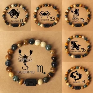 12 Zodiac Charm Bracelets Fashionable Obsidian Natural Beaded Bracelets for Virgo Leo Libra Couples Men and Women