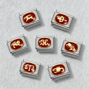 12 Zodiac Italian Link Charms 9mm Stainless Steel 304 Red Enamel Gold Plated Embossed Horoscope Bracelet