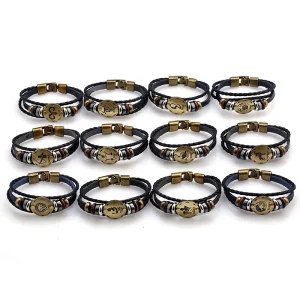 12 Zodiac Leather Bracelet Set Vintage Alloy Charm Braided PU Cord Unisex Adjustable Wristband