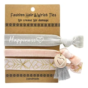 12Packs Happiness Hair Ties Bracelet with Heart Charm Tassel Velvet Gold Foil Print Ponytail Holder Girls Elastic Hair Band