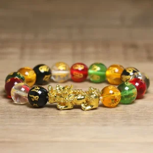 12mm Feng Shui Bracelet Fashion Multi Color Stone Beaded with Golden Pixiu Bring Luck and Wealth for Men Jewelry Gift