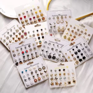 12pcs Set Fashion Heart Flower Pearl Inlaid Diamond Combination Hoop Earrings Jewelry Set Alloy Golden Earrings Set for Women