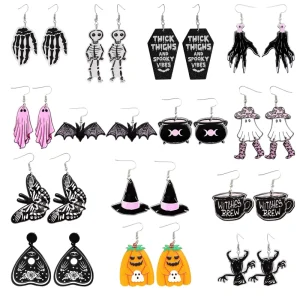 14 Pairs Halloween Earrings Women Black Cat Skull Pumpkin Spider Bat Hook Drop Dangle Earrings Set