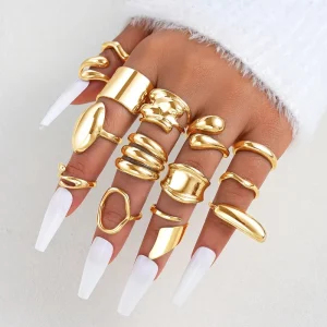 14 Pcs Set Irregular Waterdrop Glossy Curved Finger Rings Set Alloy Gold Plated Rings Sets Personalized Design