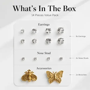 14 Pieces Trendy Butterfly Zircon Women’s Electroplated Gold Stainless Steel Earrings Nose Rings Brooch Set Jewelry