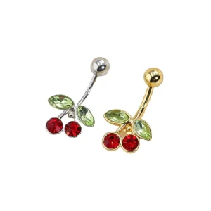 14G Stainless Steel Double Cherry Branch Body Jewelry Red Crystal Navel Ring