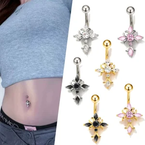 14G Trendy 316L Stainless Steel Zircon Body Jewelry Cross Gold Plated Fine Navel Button Rings