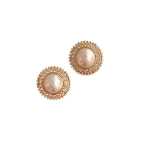 14K Gold Ladies Zircon Earrings Big Pearl Stud with Rhodium Plating