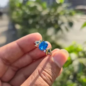 14K Gold Oval Cut Blue Lab Grown Diamond Halo Vintage Claw Setting Statement Fashion Ring Daily Wear Gift