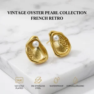 14K Gold Plated 316 Stainless Steel Pearl Stud Earrings for Daily Wear Irregular Oyster Shell Tarnish Free Ganku