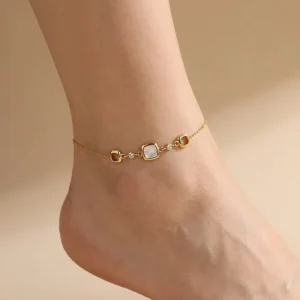 14K Gold Plated Anti Allergy Stainless Steel Anklet Small Square Shell Claw Setting Trendy Fashion for Women Jewelry