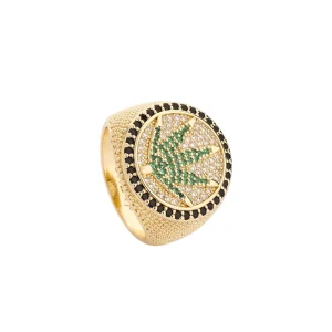 14K Gold Plated Brass Jewelry Men’s Iced Out Green Leaf CZ Ring Hip Hop Punk Statement Band Fashion Finger Rings