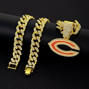 14K Gold Plated Chicago Bears Custom Champion Pendant Necklace Crystal Rhinestone Hiphop Style Cuban Chain Unisex Sport Fan Gift