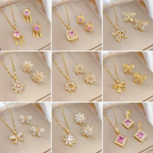 14K Gold Plated Copper Pendant Stainless Steel Chain Jewelry Sets Micro Pave CZ Crystal Necklace Earrings Sets Jewelry for Women