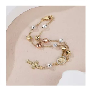 14K Gold Plated Copper Zircon Geometric Beaded Christian Style Trendy Anniversary Bracelet