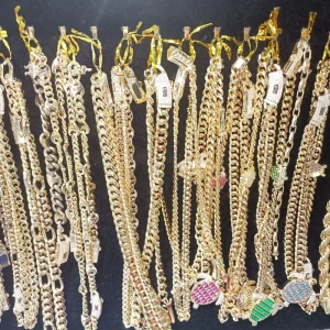 14K Gold Plated Cuban Link Chain Bracelet Brass Crystal Cubic Zirconia Copper Bracelet