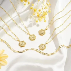 14K Gold Plated Multi Layered Necklace for Women Featuring a Refined Hexagonal Initial Pendant Stylish Jewelry Gift for Women