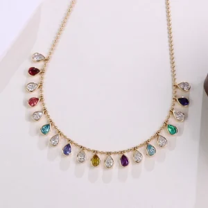 14K Gold Plated Pear Shaped Cultured Diamond Paired Colorful Gemstone Elegant Versatile Bead Chain Women’s Necklace