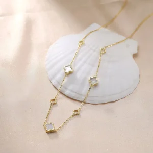 14K Gold Plated S925 Pure Silver Five Flower Mother of Pearl Link Chain Luxury High End Collarbone Chain Gift