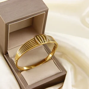 14K Gold Plated Stainless Steel Bangle Zircon Geometric Design Trendy Unisex Fashion Jewelry Hypoallergenic