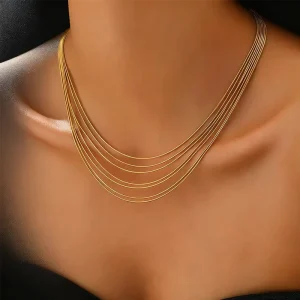 14K Gold Plated Stainless Steel Round Snake Chains Dainty Multi Layer Chain Necklace for Women Jewelry Gift