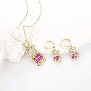 14K Gold Plated Women Jewelry Set Zircon Earrings Pendant Necklace Cute Bear Set